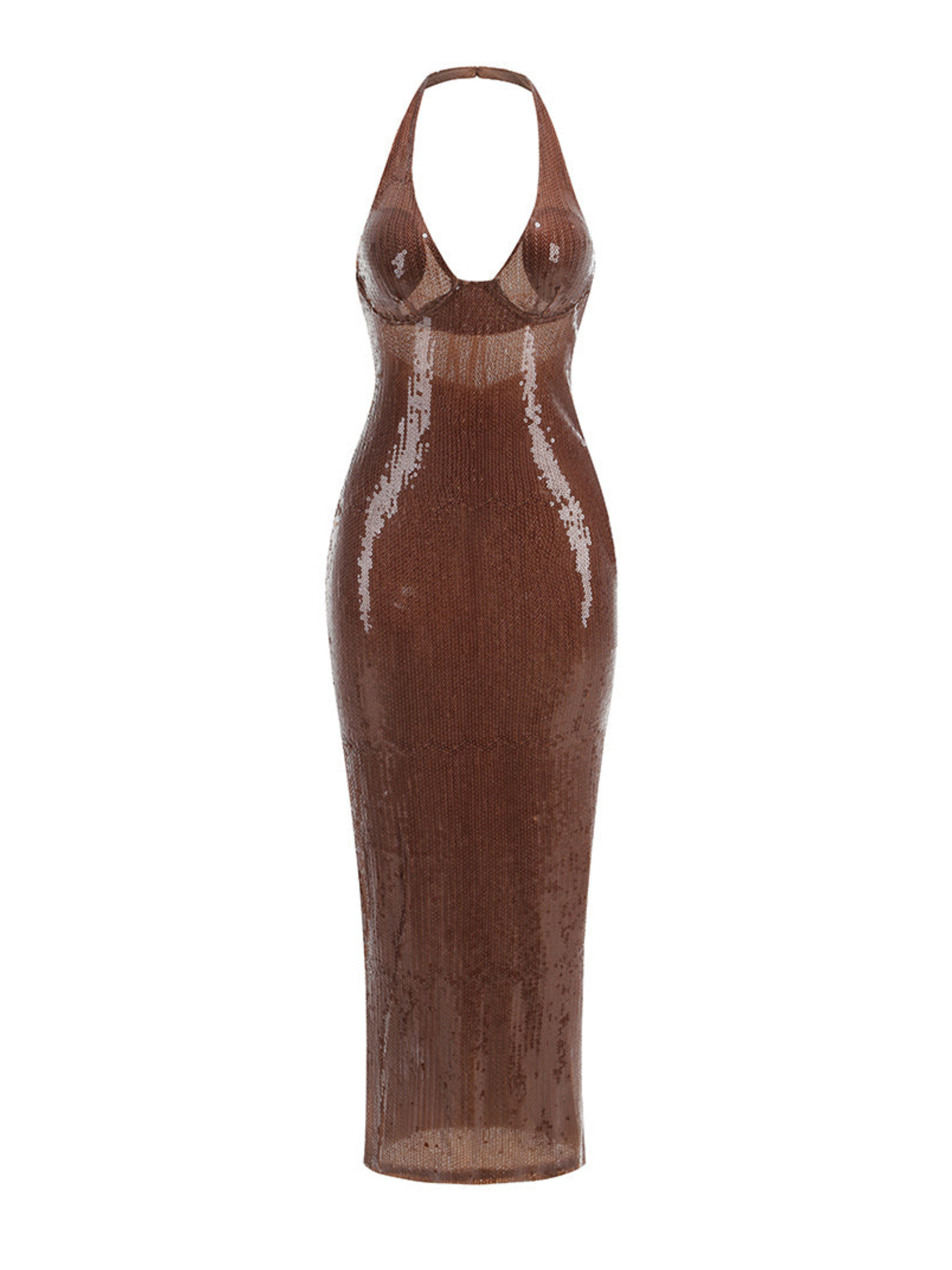 Brilee Bronz Payetli Abiye Elbise