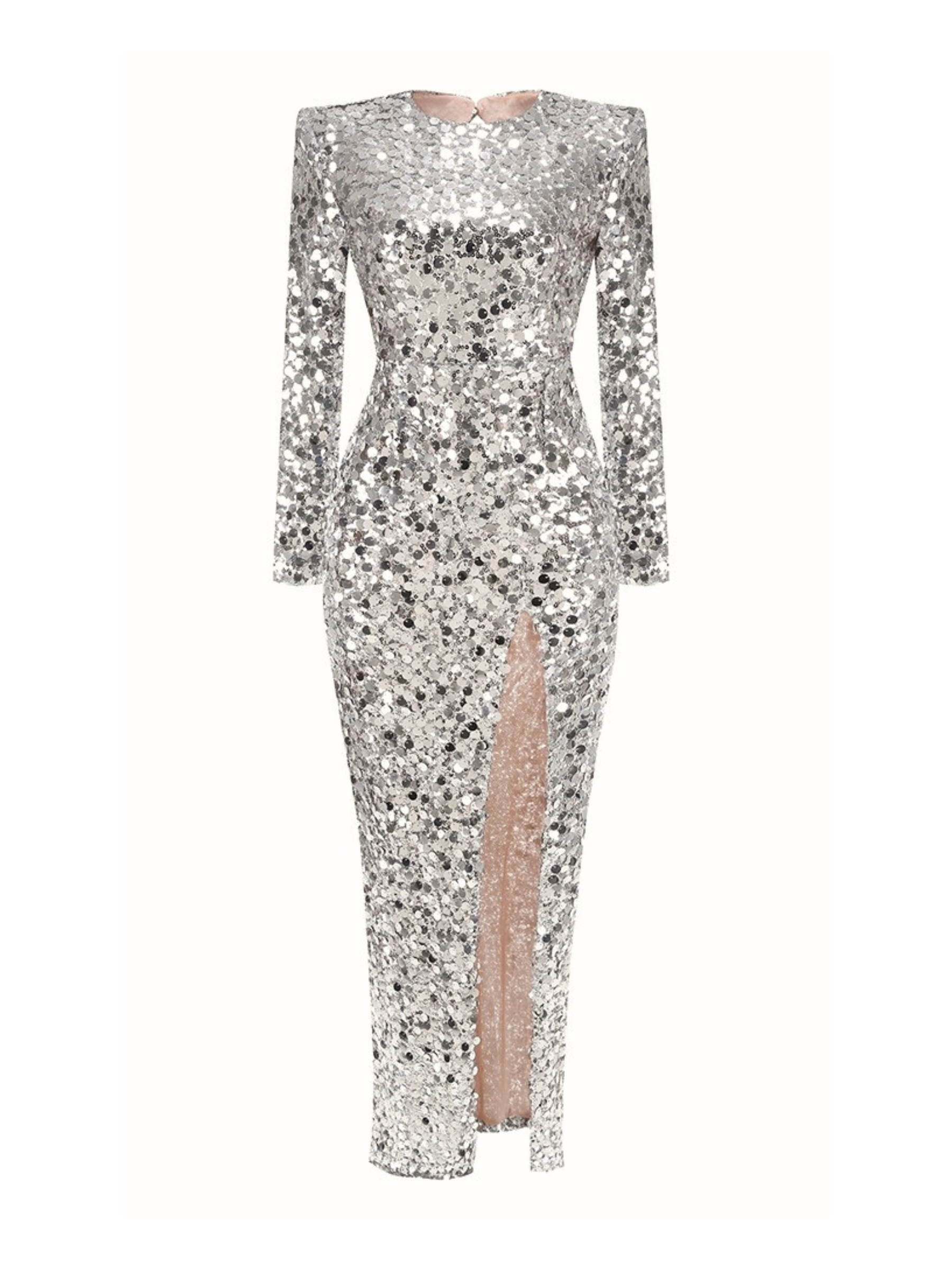 Phyllis Gümüş Payetli Yırtmaçlı Maksi Elbise