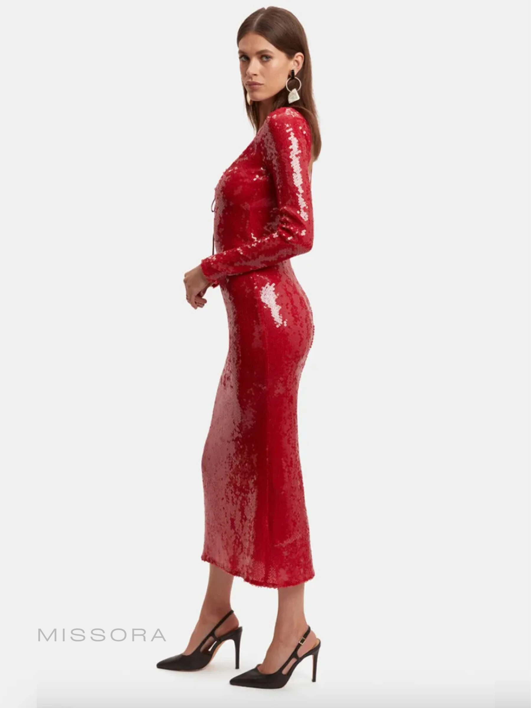 Nil Payetli Sırt Dekolteli Midi Elbise