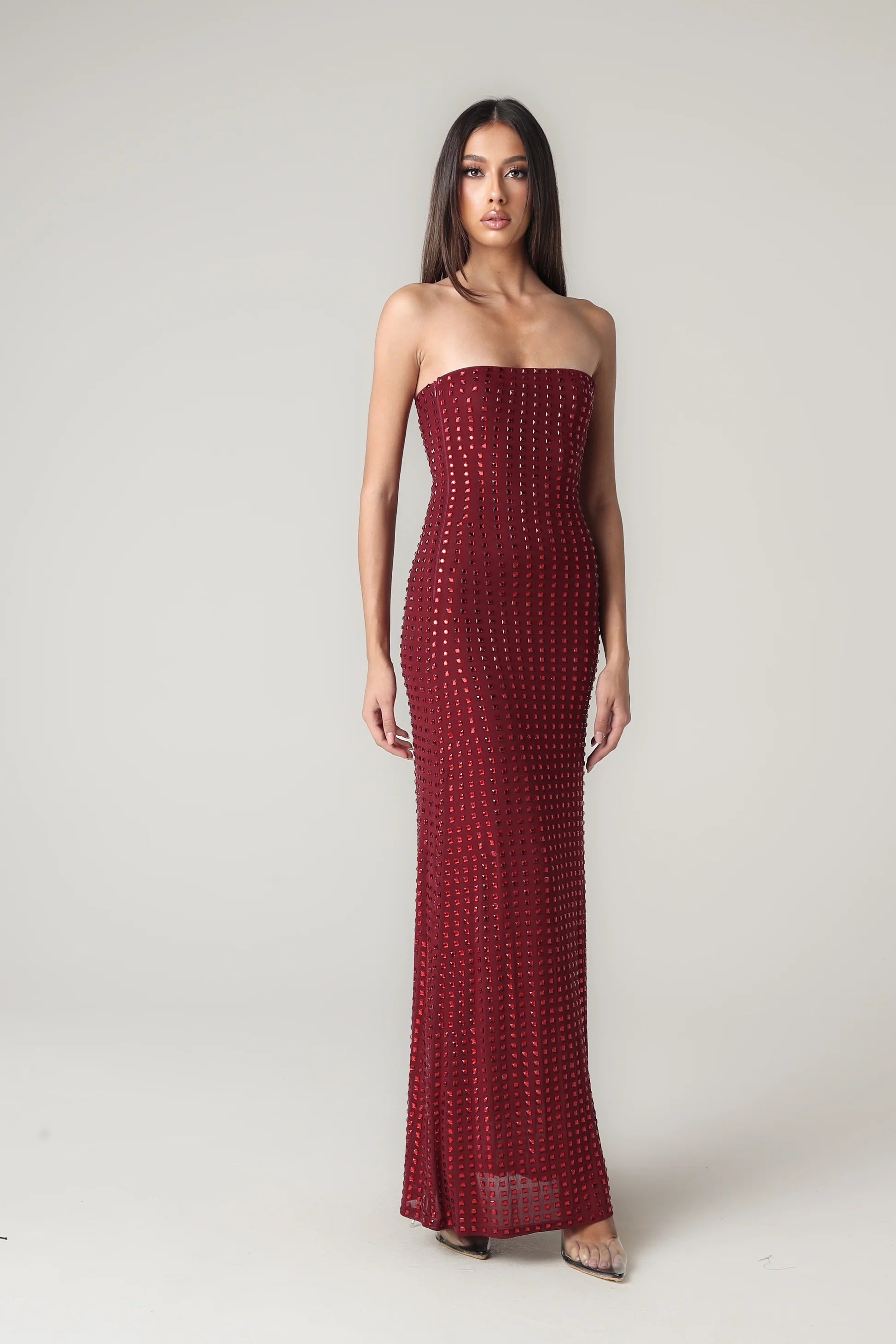 Maddy Kristal İşlemeli Straplez Maksi Elbise