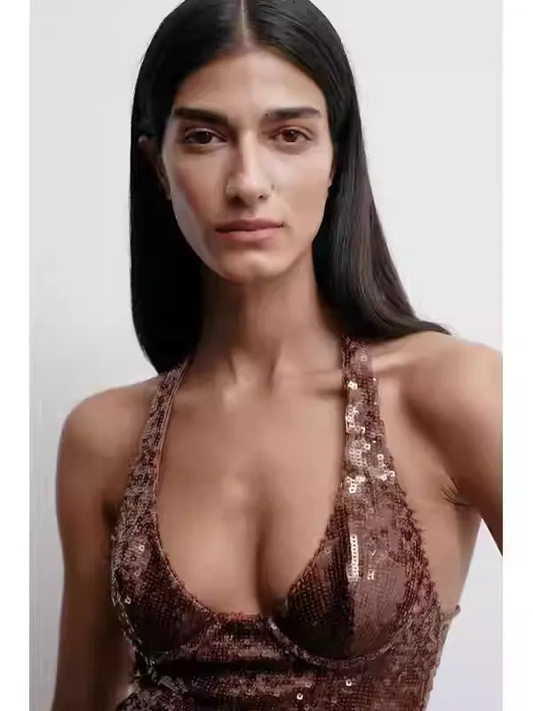 Brilee Bronz Payetli Abiye Elbise