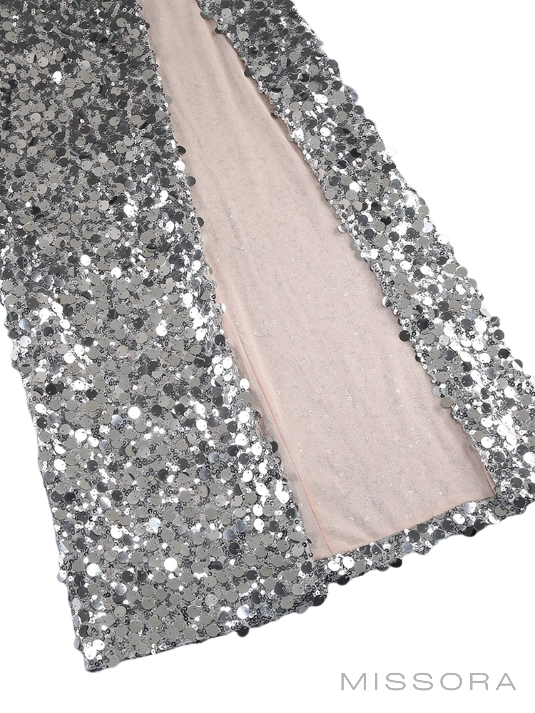 Phyllis Gümüş Payetli Yırtmaçlı Maksi Elbise