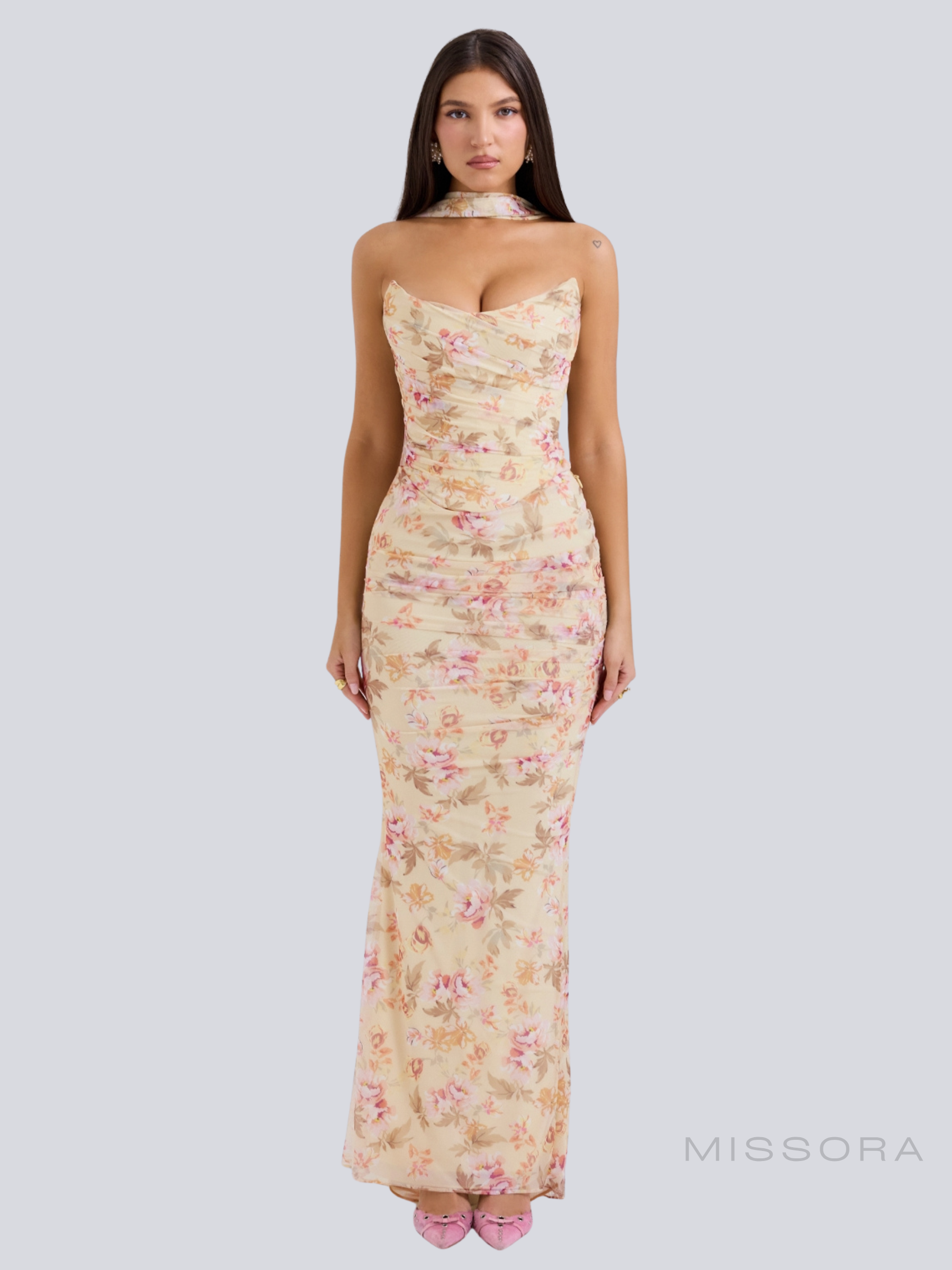 Leigha Çiçek Desenli Tül Etek & Korse Takım