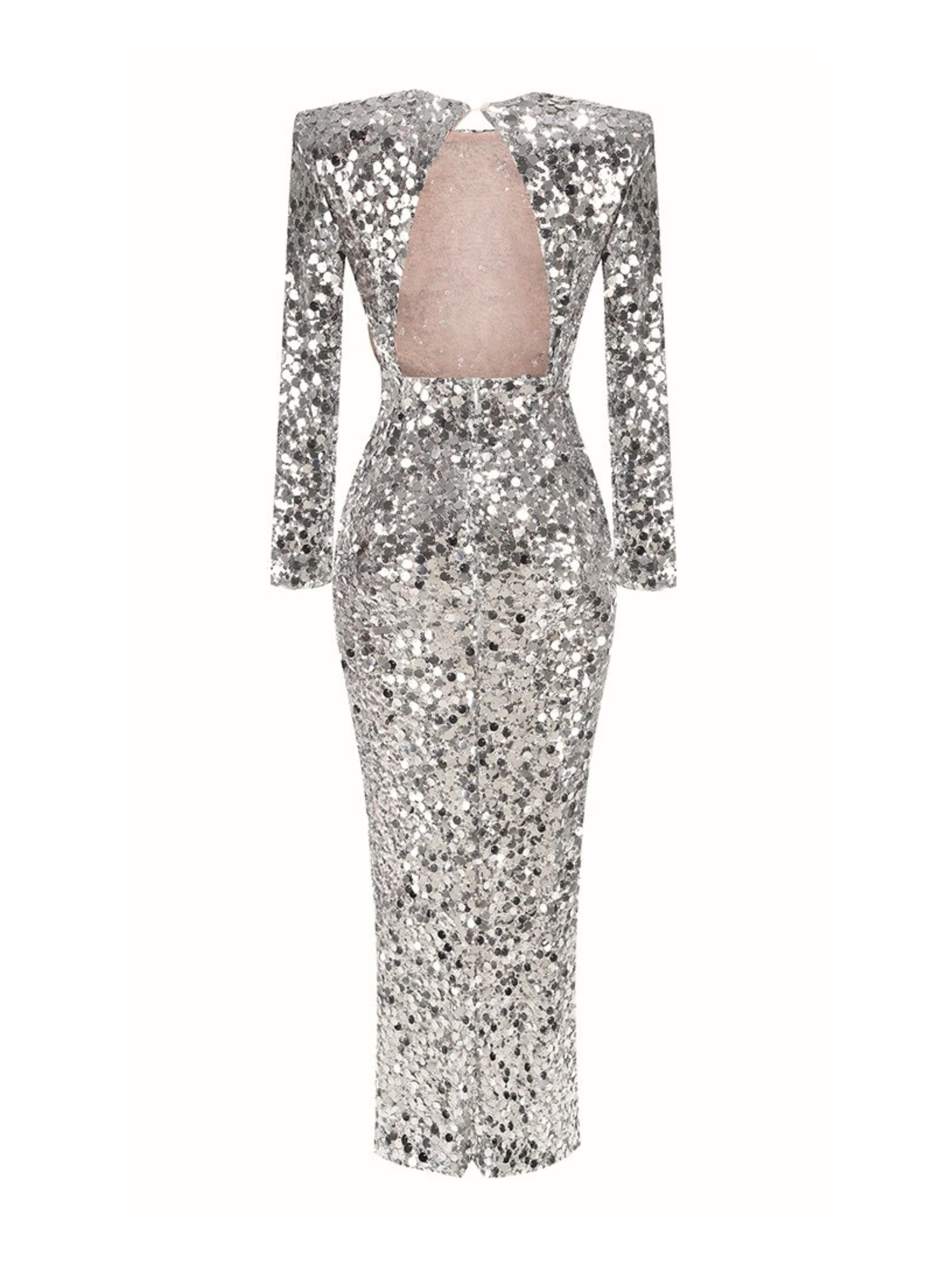 Phyllis Gümüş Payetli Yırtmaçlı Maksi Elbise