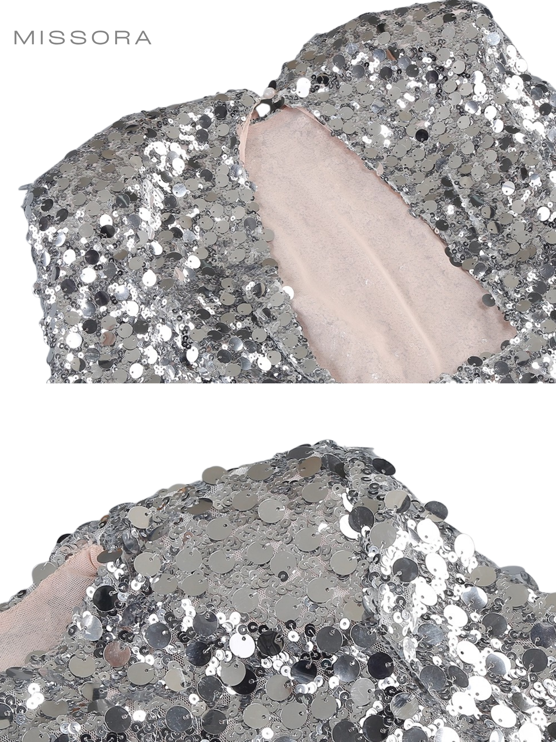 Phyllis Gümüş Payetli Yırtmaçlı Maksi Elbise