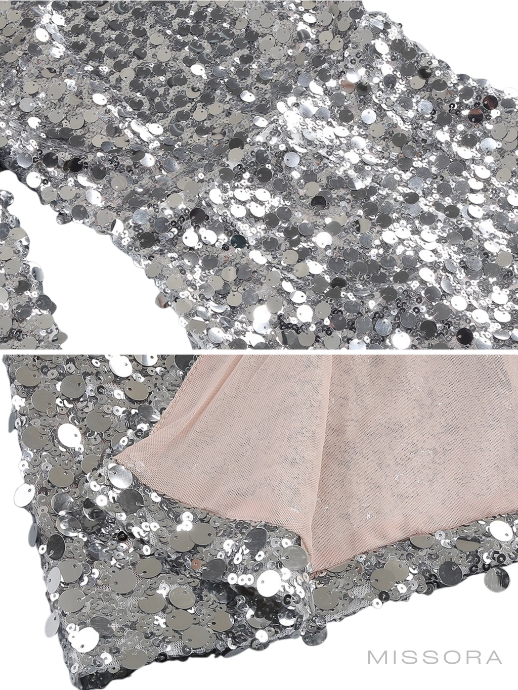 Phyllis Gümüş Payetli Yırtmaçlı Maksi Elbise