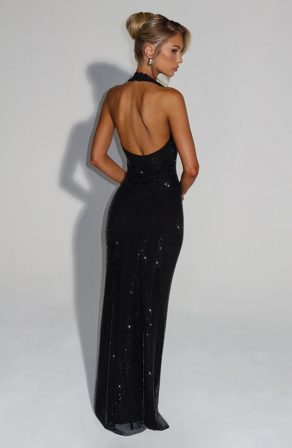 Amethyst Rhinestone Halter Maxi Dress - Black
