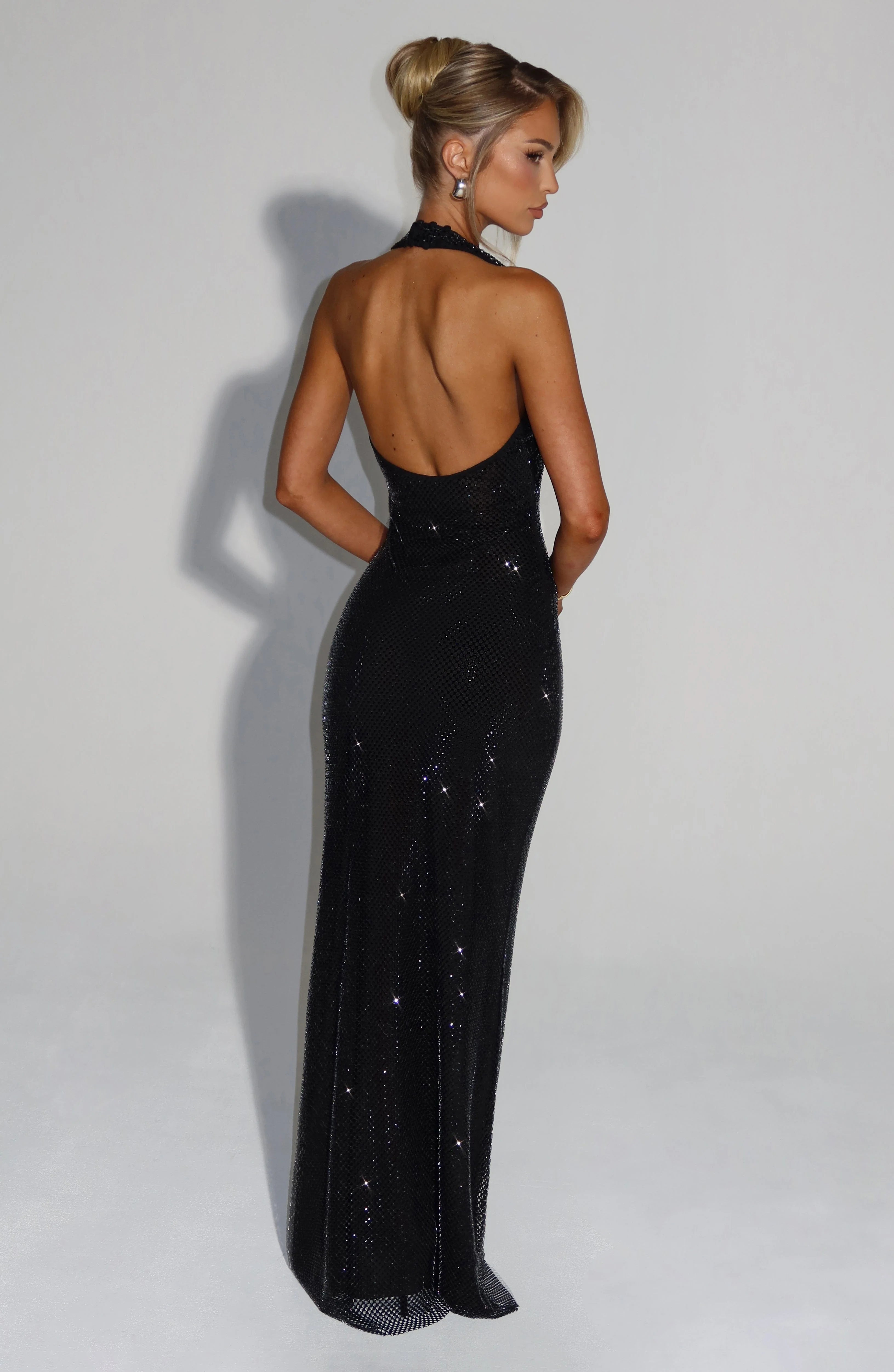 Amethyst Rhinestone Halter Maxi Dress - Black