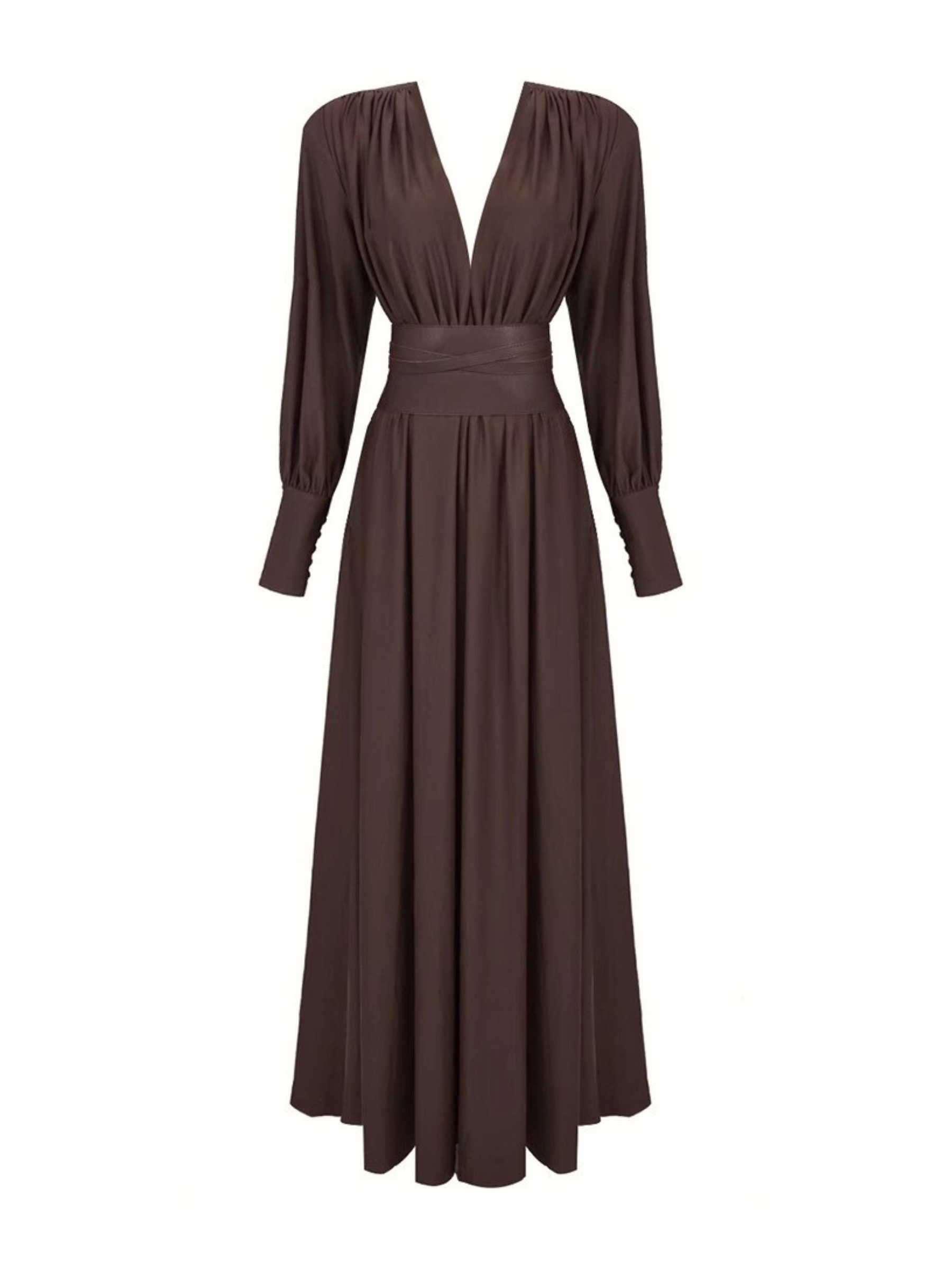 Kambria V Yaka Piliseli Uzun Kollu Maxi Elbise