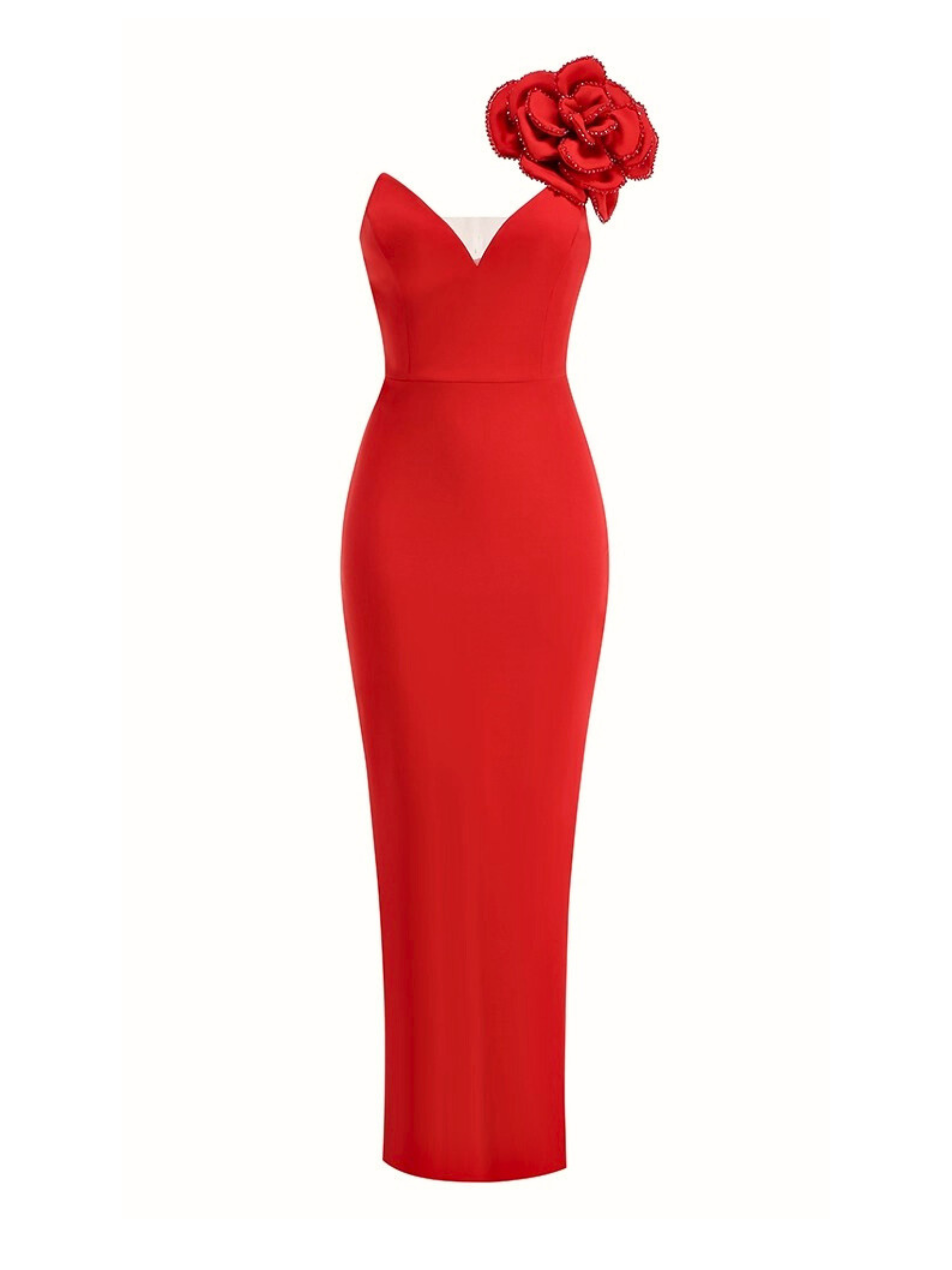 Lilli Tek Omuz Gül Detaylı Maksi Elbise