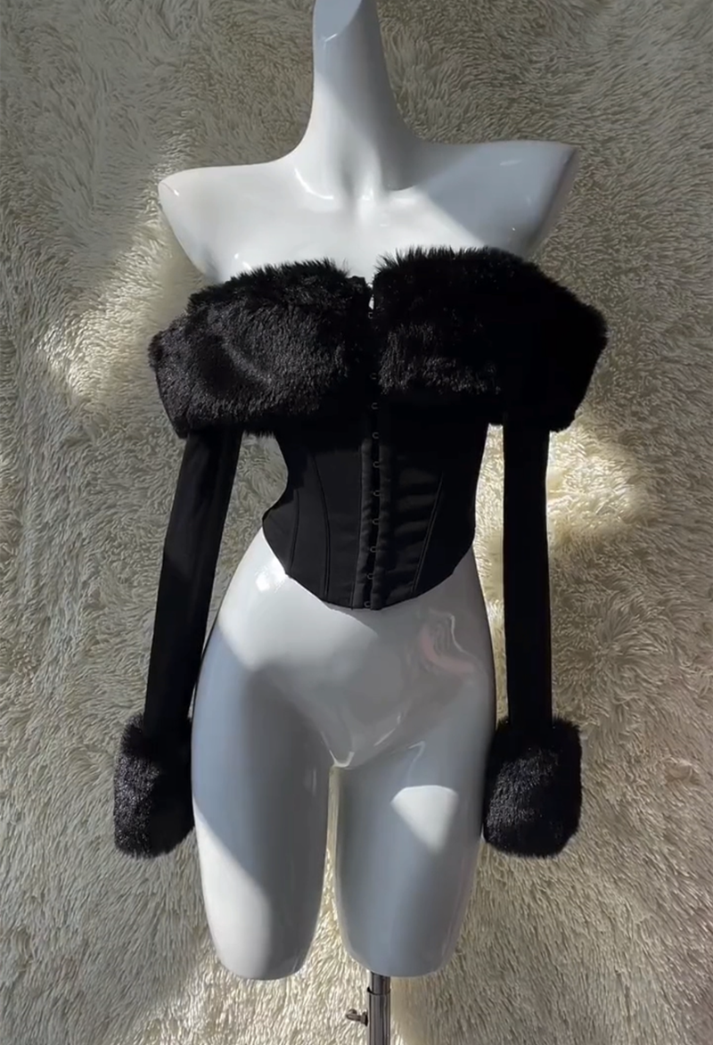 Jaylen Omuz Dekolteli Korse Top - Siyah (8 Balenli) [YJOGSNN2]