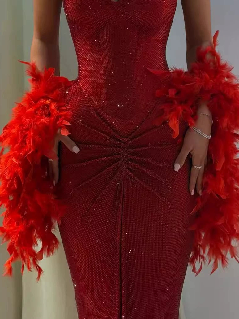 Kelise Işıltılı Askılı Maxi Elbise - Red Feather Shawl [NHFWC9LM]