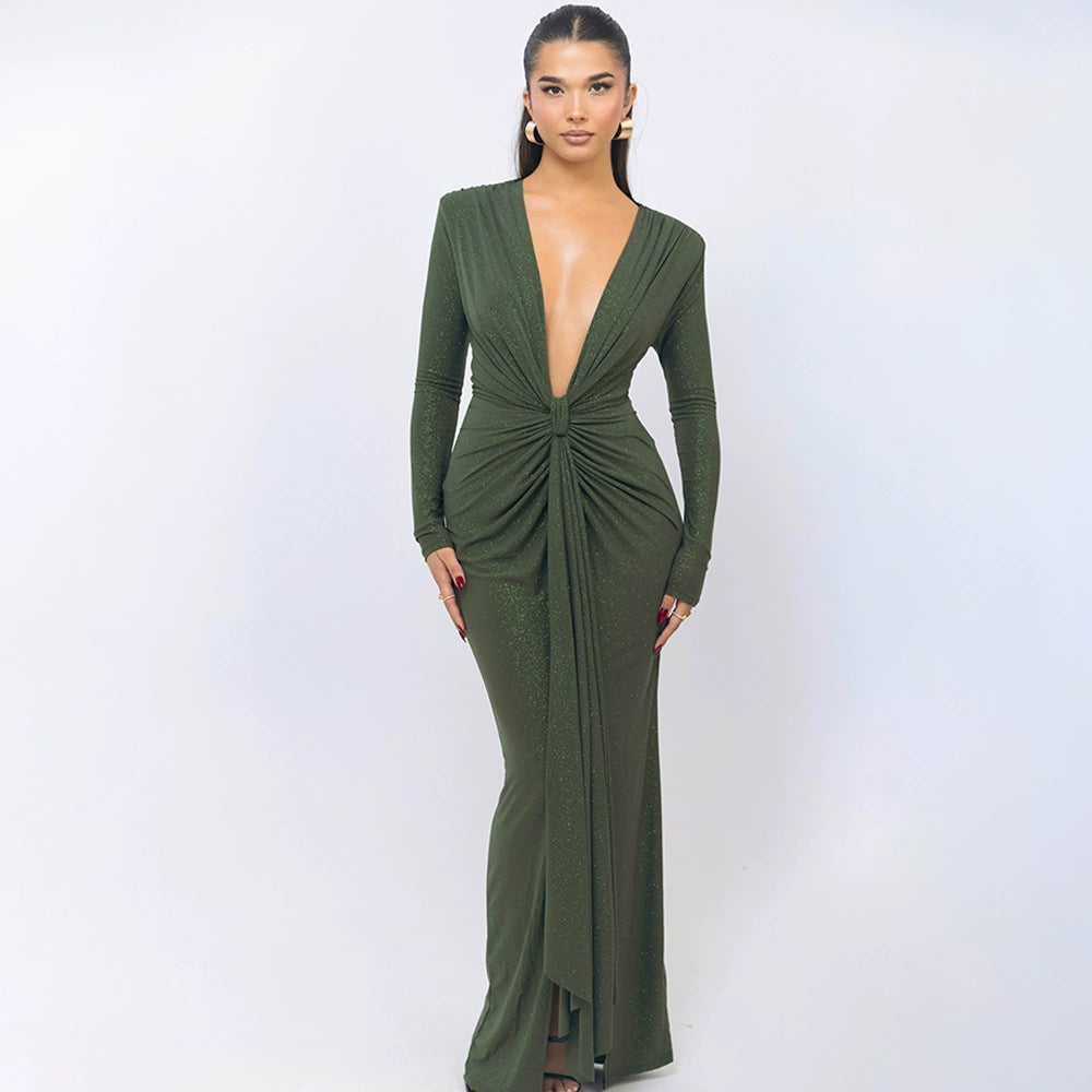 Amiracle V Yaka Uzun Elbise - Army Green [I7225PPY]