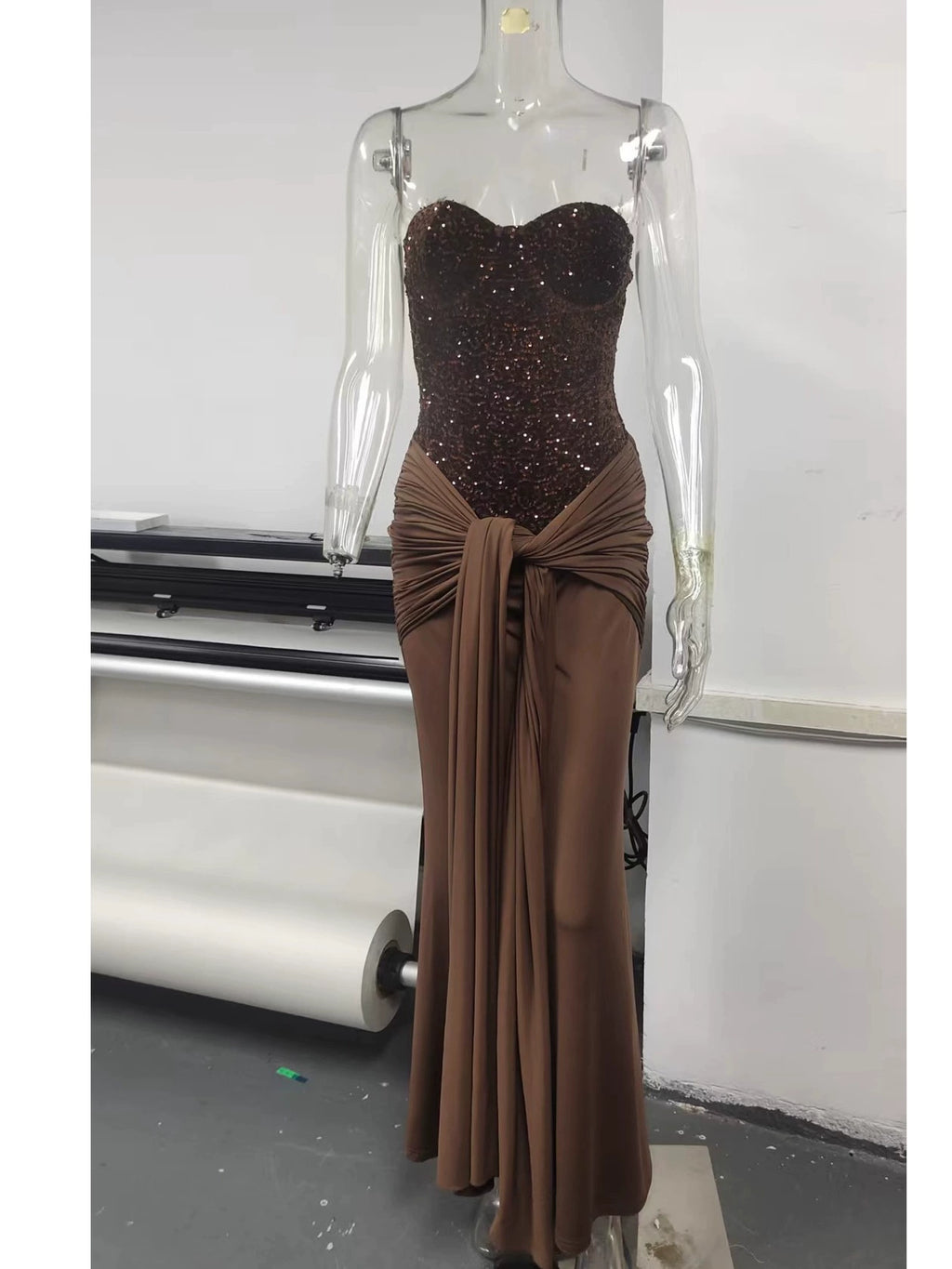 Lielle Balenli Uzun Parti Elbisesi - Kestane [YMSZT62Q]