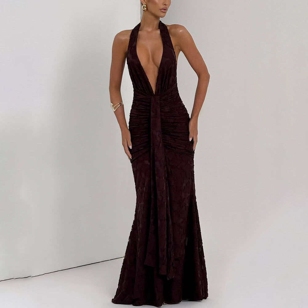 Arianni Jacquard Halter Fishtail Elbise - Kahverengi [DG6T30I6]