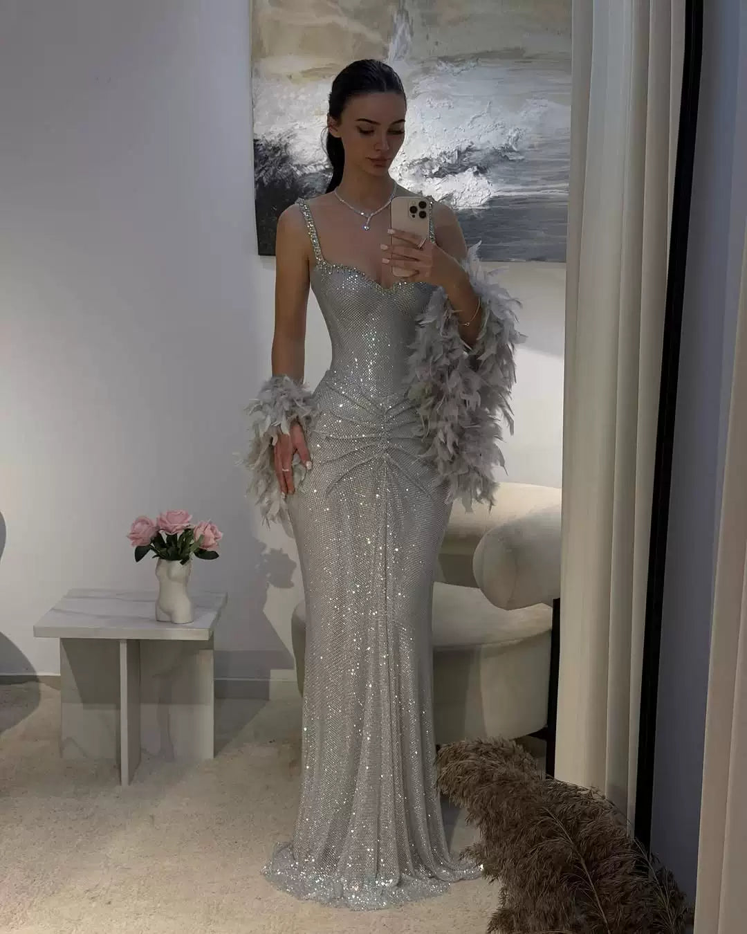 Kelise Işıltılı Askılı Maxi Elbise - Silver Dress [TWT47PRD]