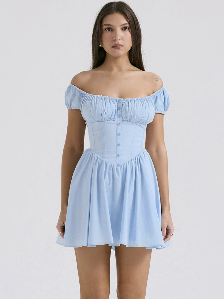 Bridgette Balon Kollu Mini Elbise - Mavi [LUX9Z2A1]