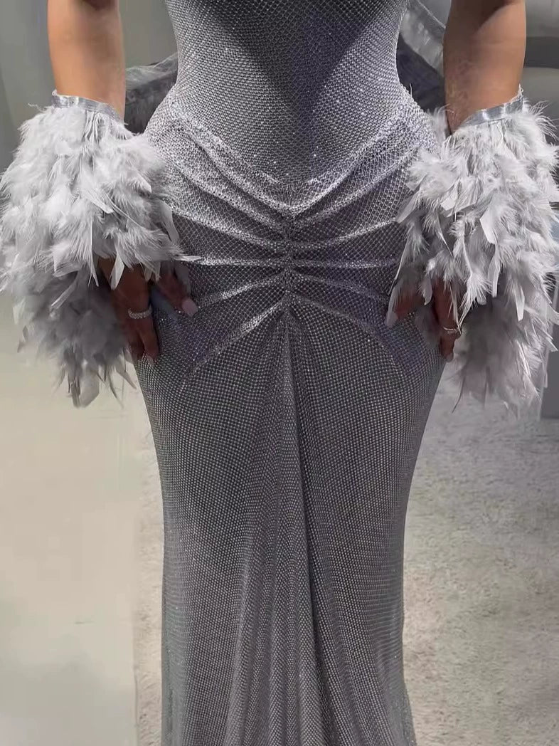 Kelise Işıltılı Askılı Maxi Elbise - Silver Gray Feather Shawl [OJJVN0PJ]