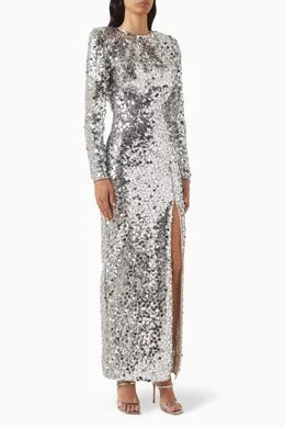 Phyllis Gümüş Payetli Yırtmaçlı Maksi Elbise