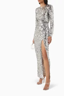 Phyllis Gümüş Payetli Yırtmaçlı Maksi Elbise