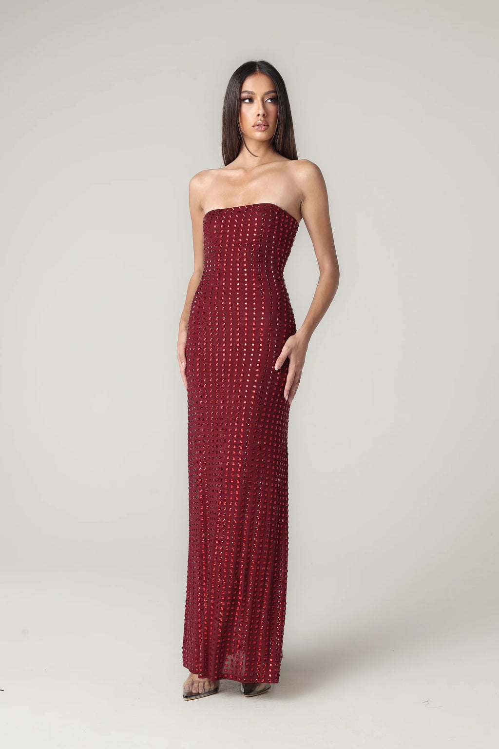 Maddy Kristal İşlemeli Straplez Maksi Elbise