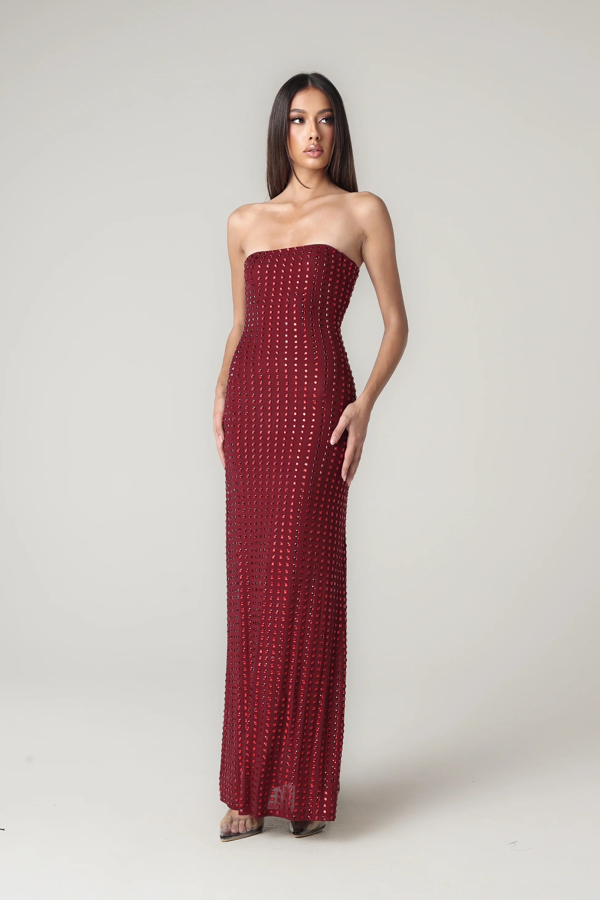 Maddy Kristal İşlemeli Straplez Maksi Elbise