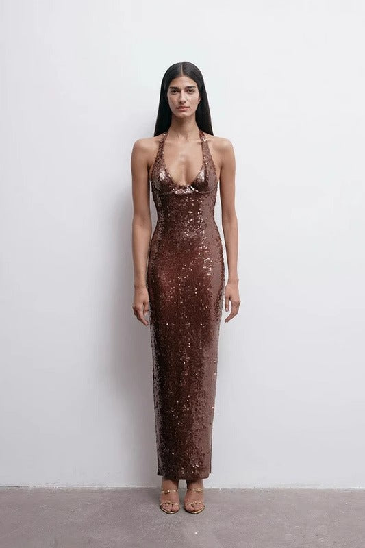 Brilee Bronz Payetli Abiye Elbise