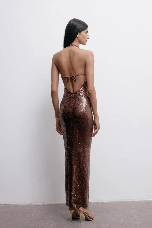 Brilee Bronz Payetli Abiye Elbise