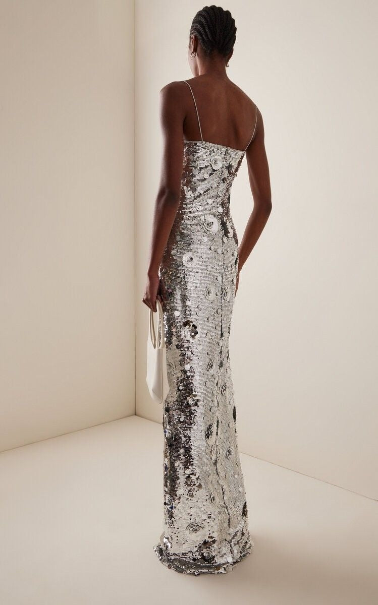 Denisse Gümüş Payetli Askılı Maksi Elbise