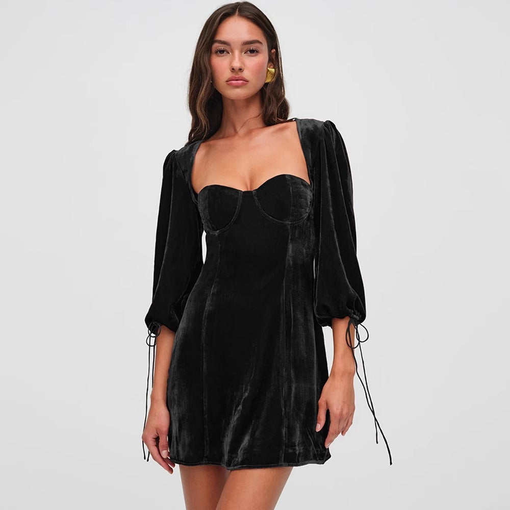 Dia Kadife Balon Kollu Mini Elbise