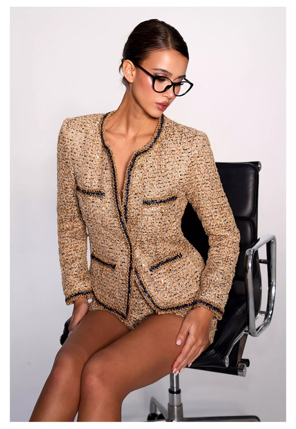 Keyanna Altın Dokulu Tweed Ceket & Şort Takım