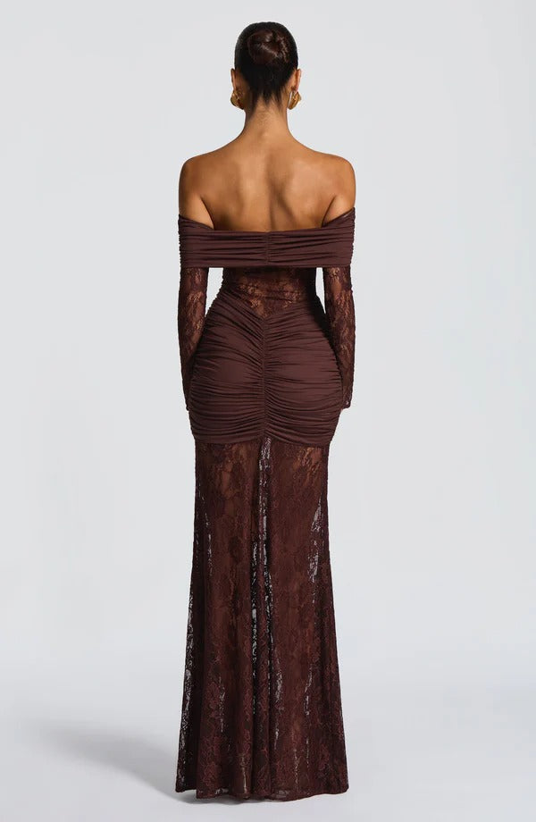 Jermany Düşük Omuz Dantel Maksi Elbise