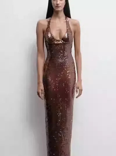 Brilee Bronz Payetli Abiye Elbise