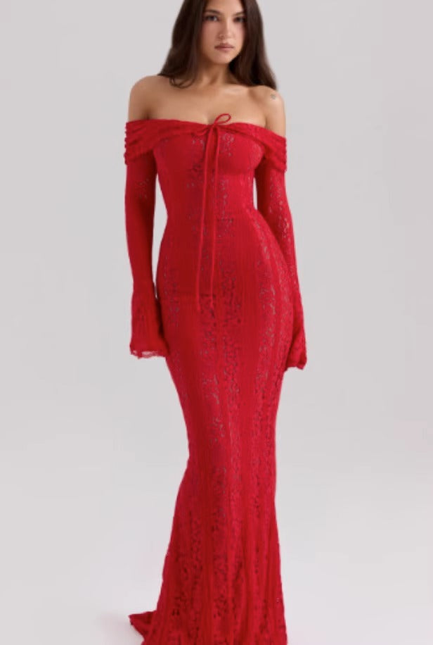 Jaslynn Düşük Omuz Dantel Maksi Elbise