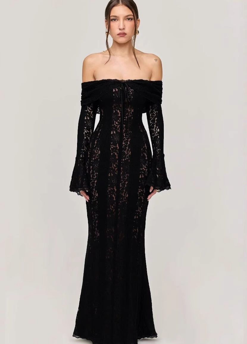 Jaslynn Düşük Omuz Dantel Maksi Elbise