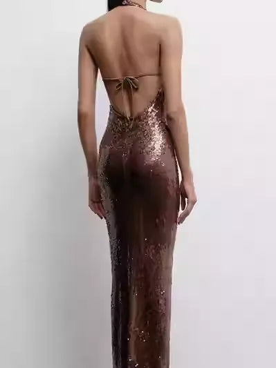 Brilee Bronz Payetli Abiye Elbise