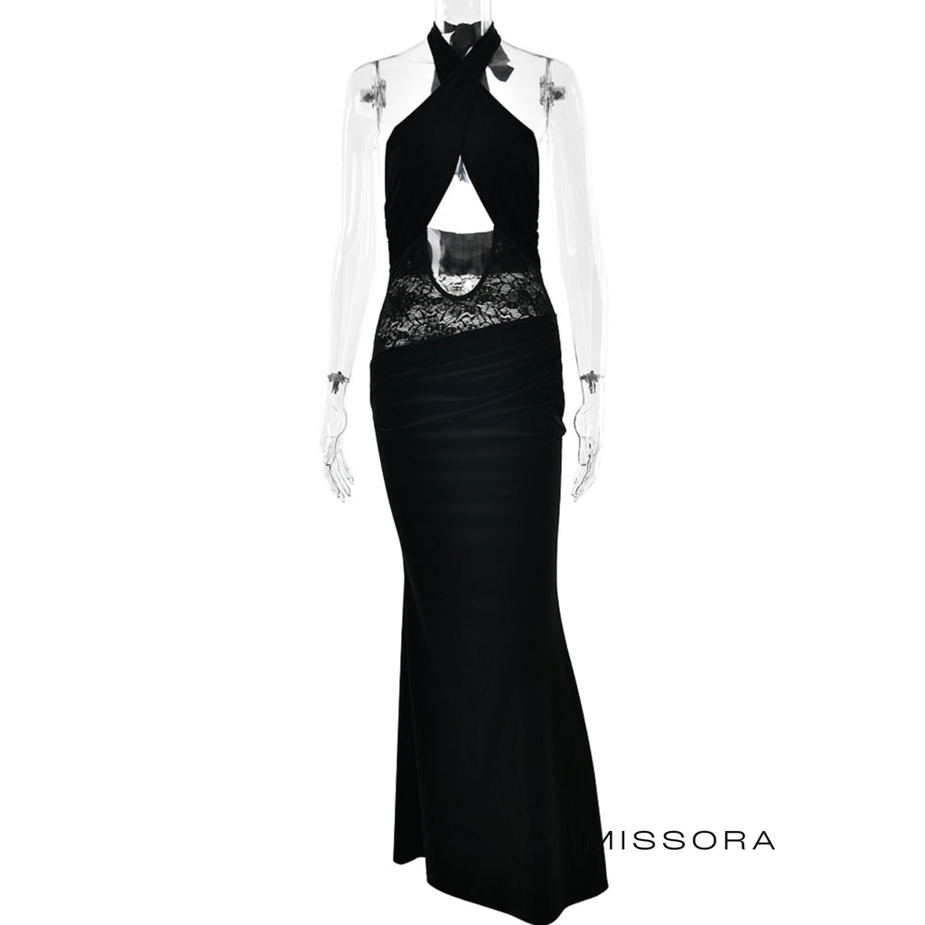 Aela Kadife Halter Midi Elbise [N9LBFRDM]