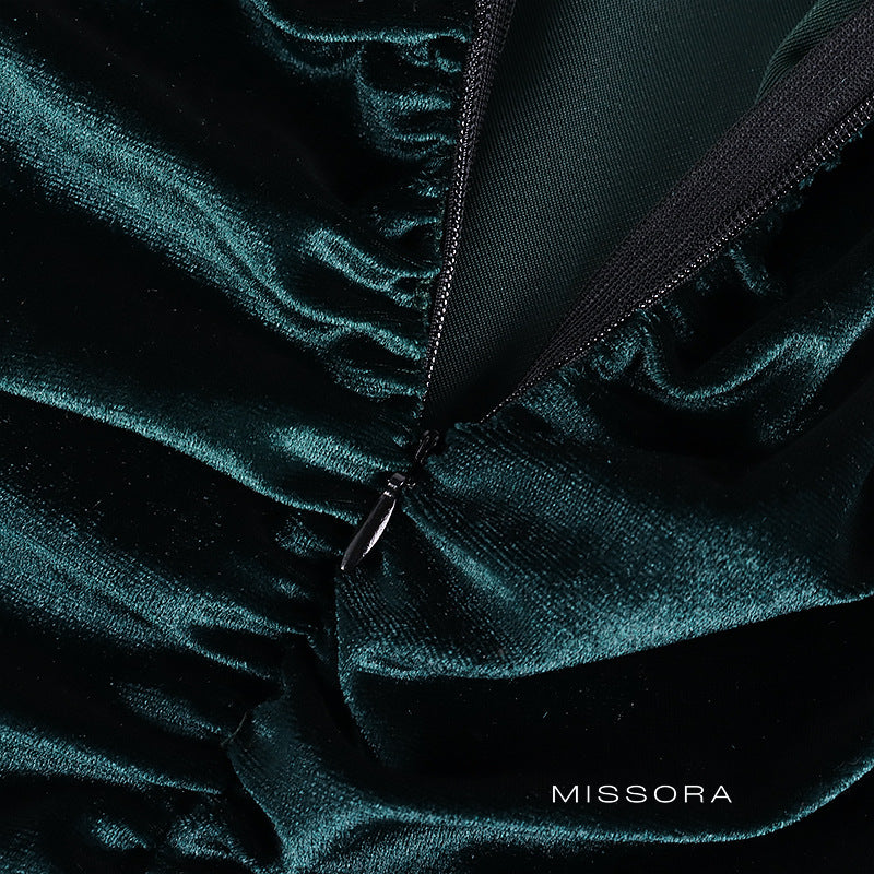 Amahia Velur Askılı Büzgülü Elbise [KRLNA1PE]