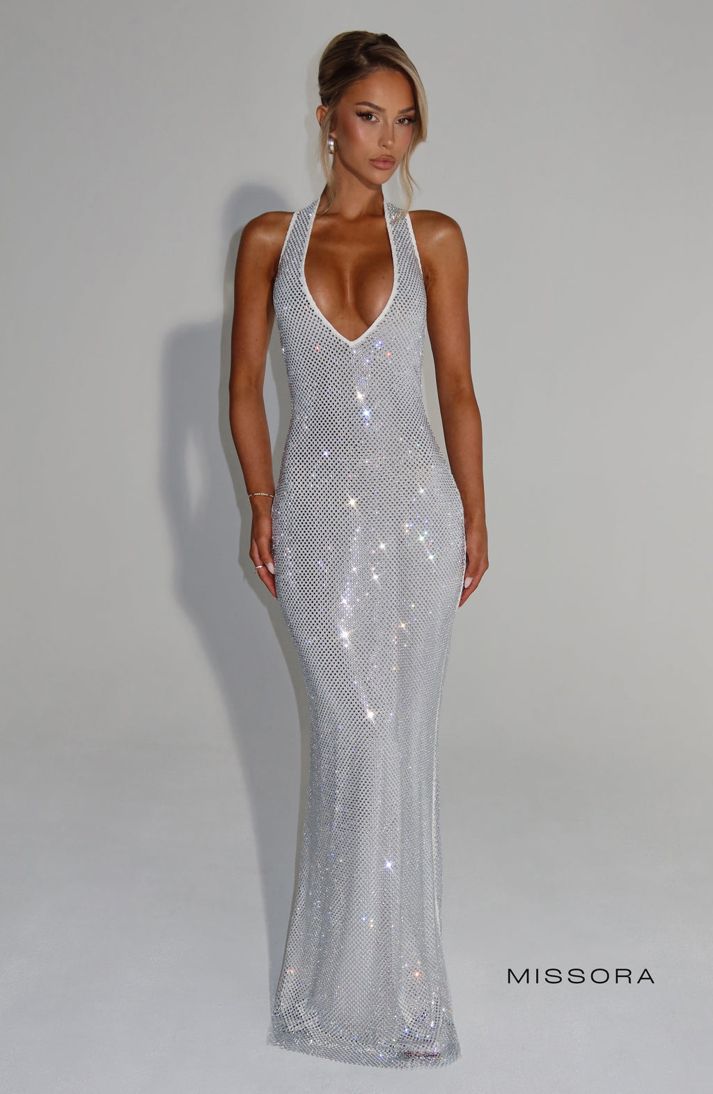 Missora Amethyst Rhinestone Halter Maxi Dress