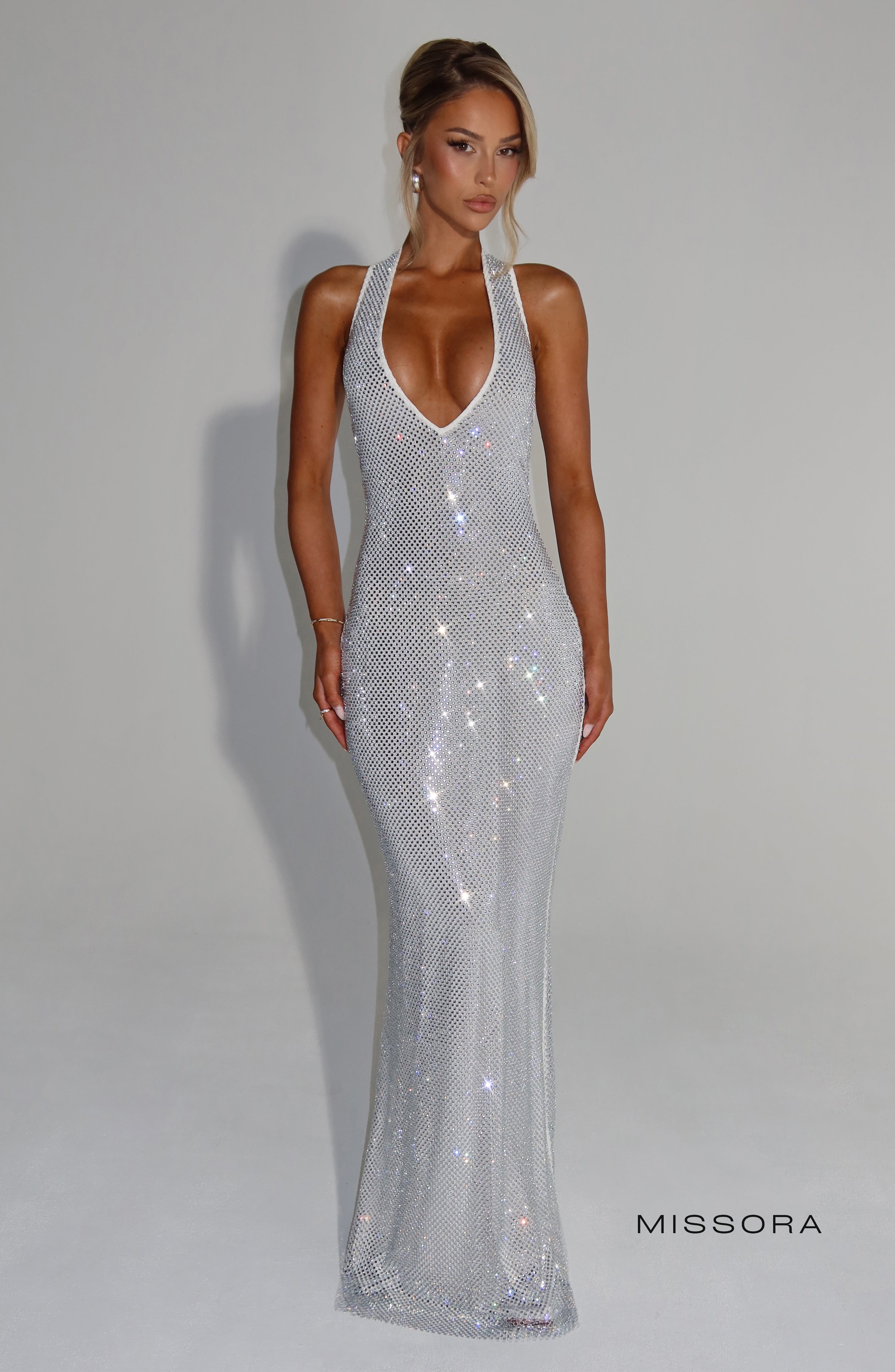 Missora Amethyst Rhinestone Halter Maxi Dress