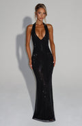 Missora Amethyst Rhinestone Halter Maxi Dress - Black
