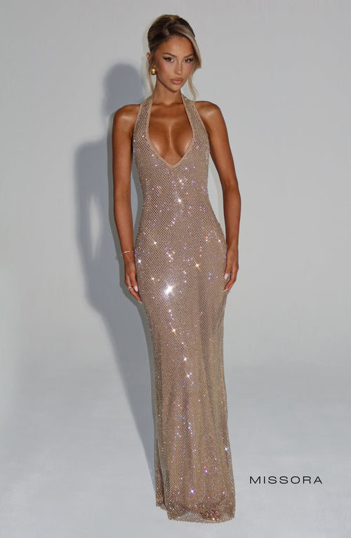 Missora Amethyst Rhinestone Halter Maxi Dress - Gold