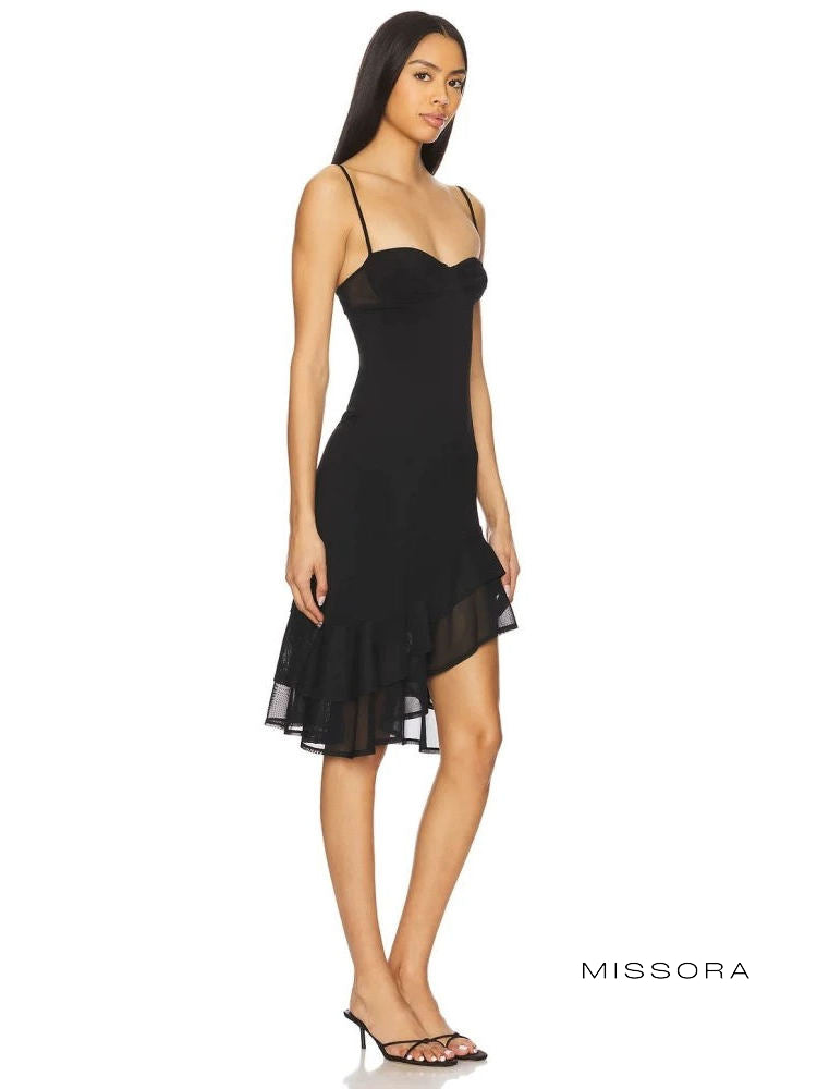 Annalisa Siyah Askılı Fırfırlı Midi Elbise [8P1YN6G3]