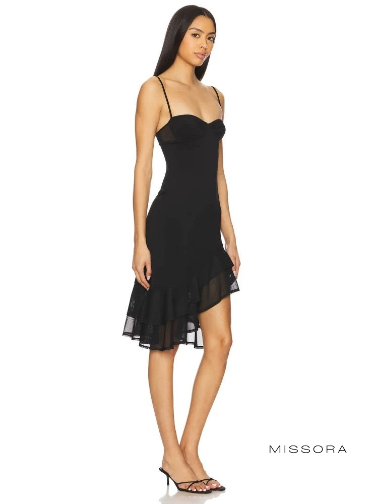 Annalisa Siyah Askılı Fırfırlı Midi Elbise [WD7X1PM6]