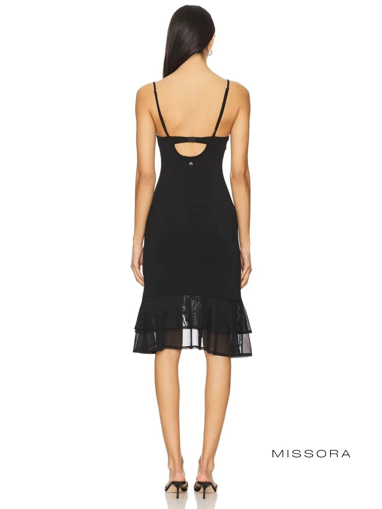 Annalisa Siyah Askılı Fırfırlı Midi Elbise [WTSF66XT]