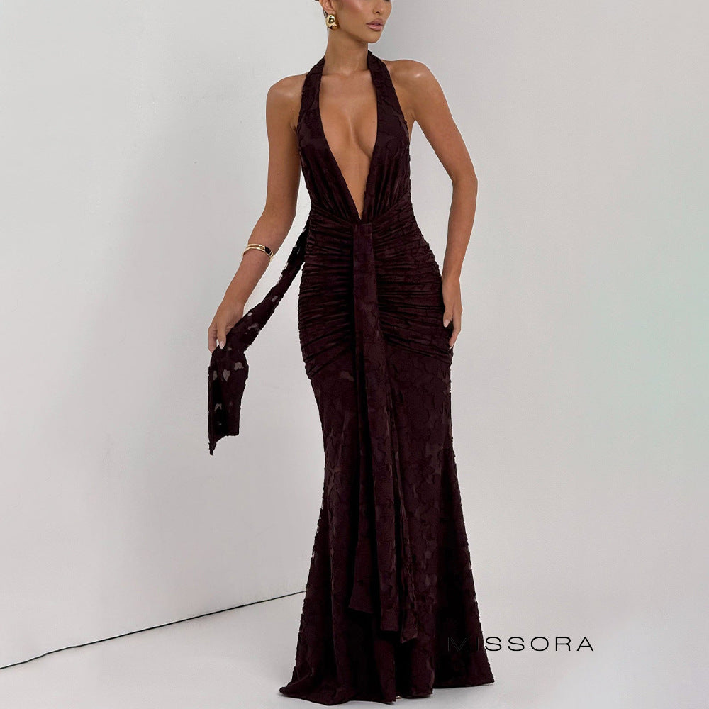 Arianni Jacquard Halter Fishtail Elbise [KHZFEZJ4]