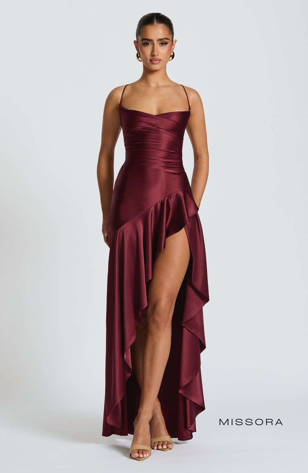 Missora Bernadette Ruffle Satin Maxi Dress