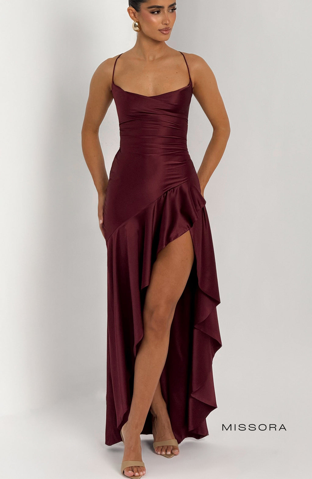 Missora Bernadette Ruffle Satin Maxi Dress