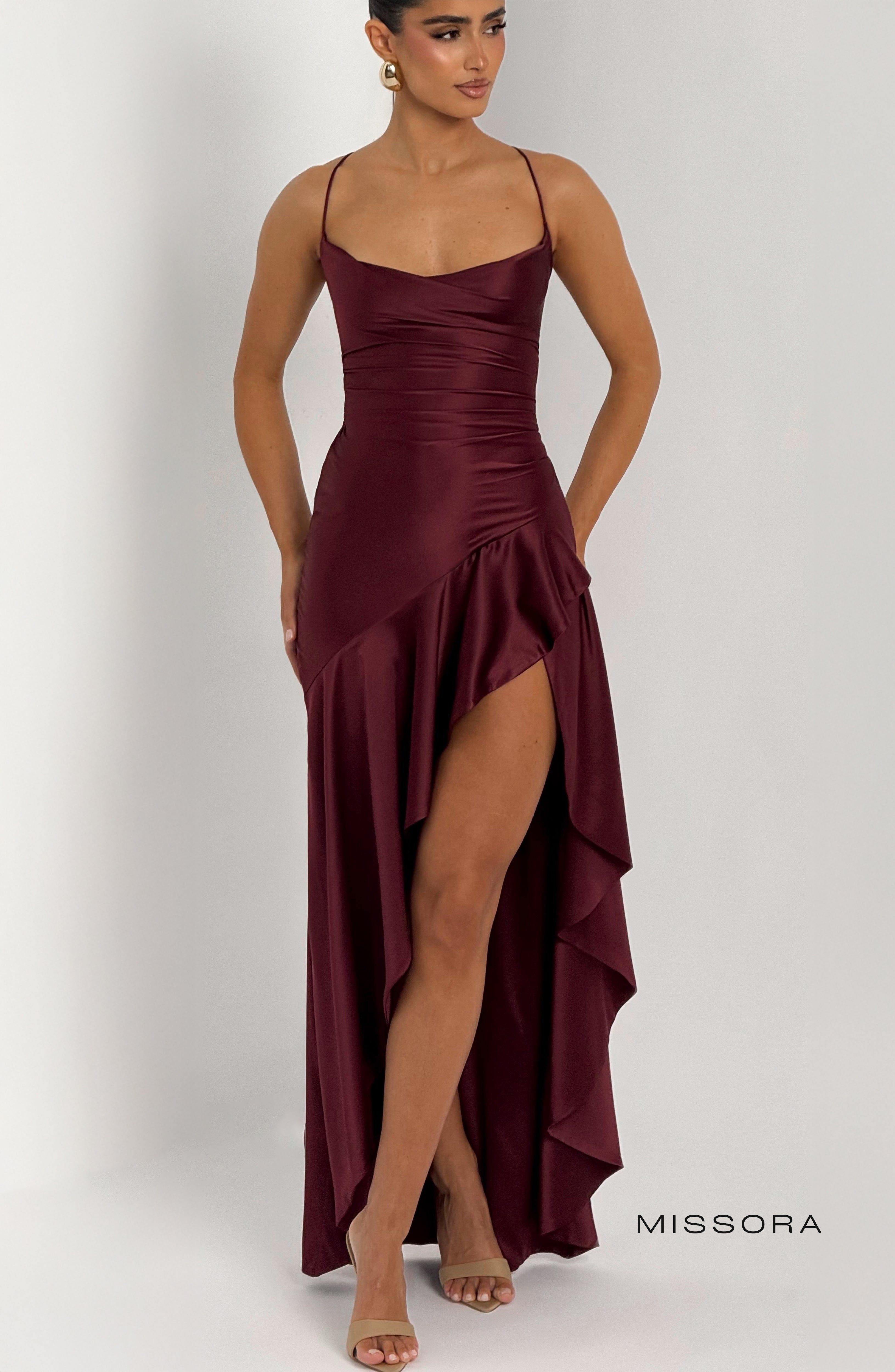 Missora Bernadette Ruffle Satin Maxi Dress