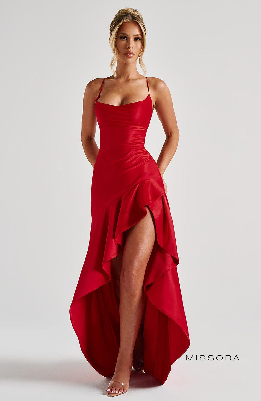 Missora Bernadette Ruffle Satin Maxi Dress - Red